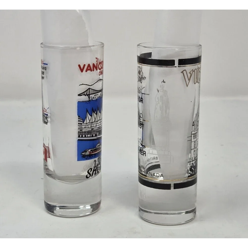 Vintage Vancouver Victoria BC Canada Souvenir Tall Shooter Shot Glass Set 2 Pair